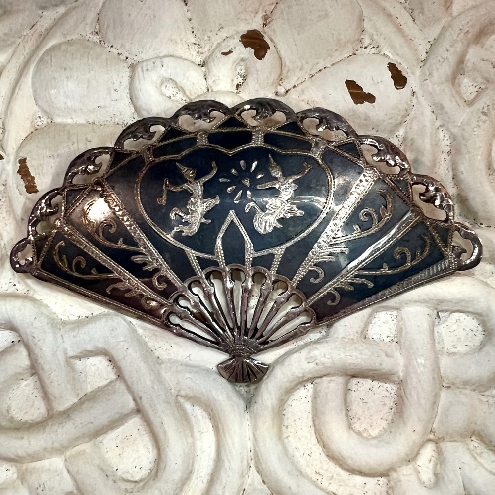 Vintage Large Estate Brooch Solid 925 Sterling Silver Fan Intricate Hand Etched